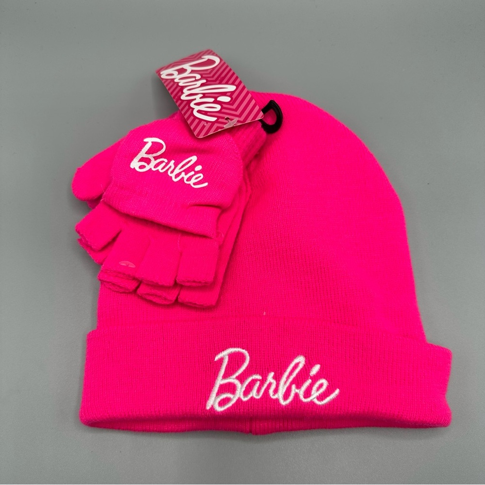 Barbie Winter Beanie Hat And Gloves Set for Girls one Size Pink